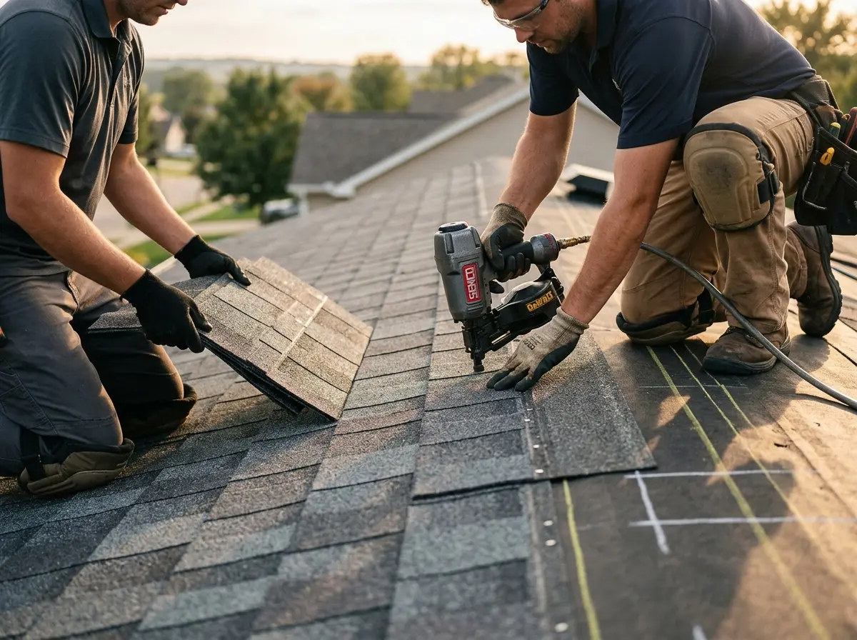 Professional roofer working on a residential roof in Wilkins